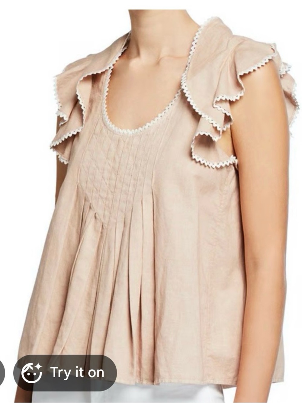 THE GREAT. Blush Beige Ruffle-Trim Pleated Sleeveless Top